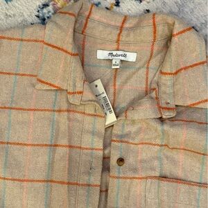 Madewell Tan Plaid button-down Flannel with Orange and Blue Accents